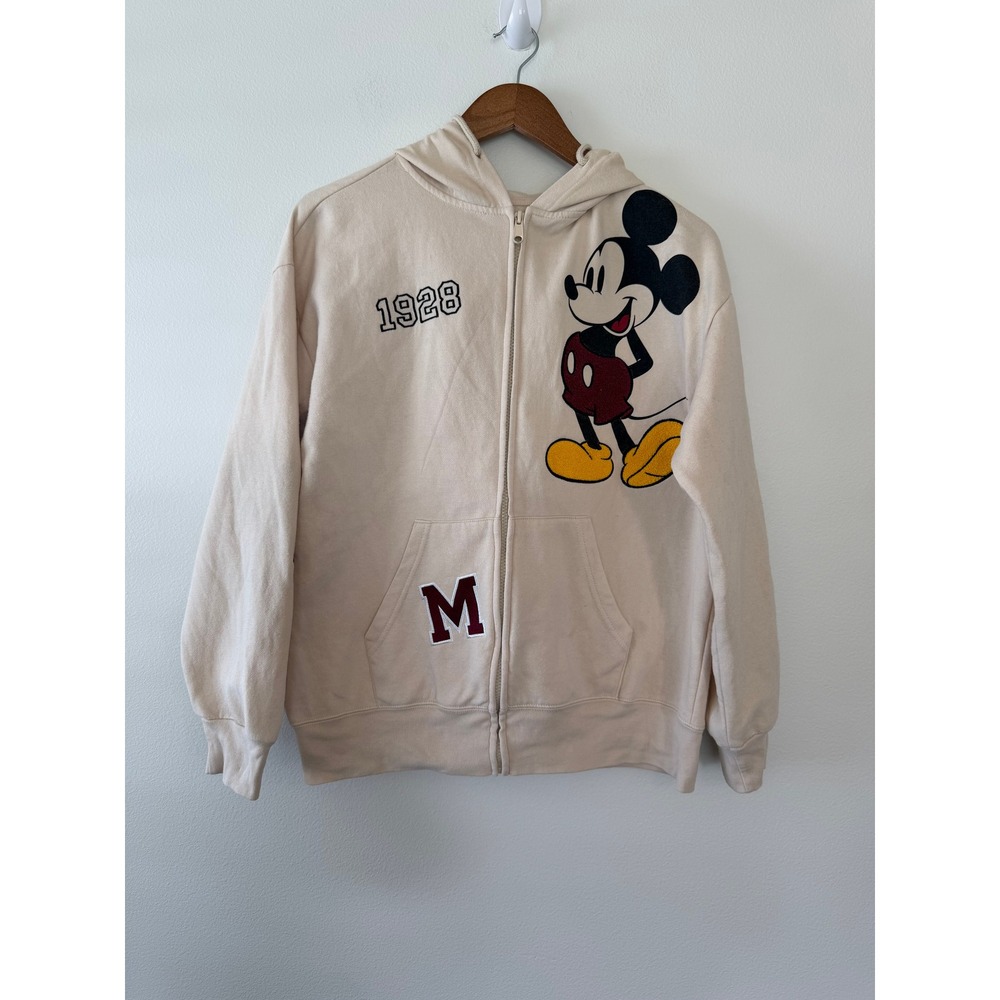 Disney Mickey Mouse Zip Hoodie Womens L Ivory Cotton Blend Chenille Patch 1928
